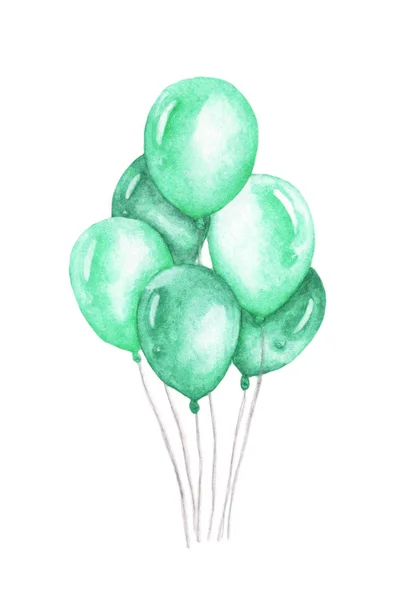 Balões Aquarela Pacote Desenhado Mão Balões Verde Partido Isolado Fundo — Fotografia de Stock