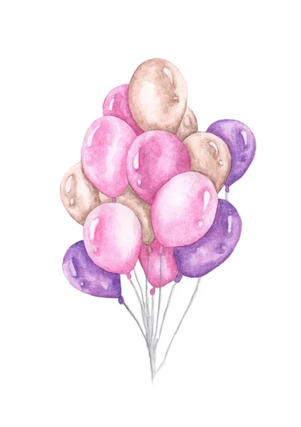 Cacho Aquarela Balões Coloridos Isolados Fundo Branco Saudação Arte Objeto — Fotografia de Stock