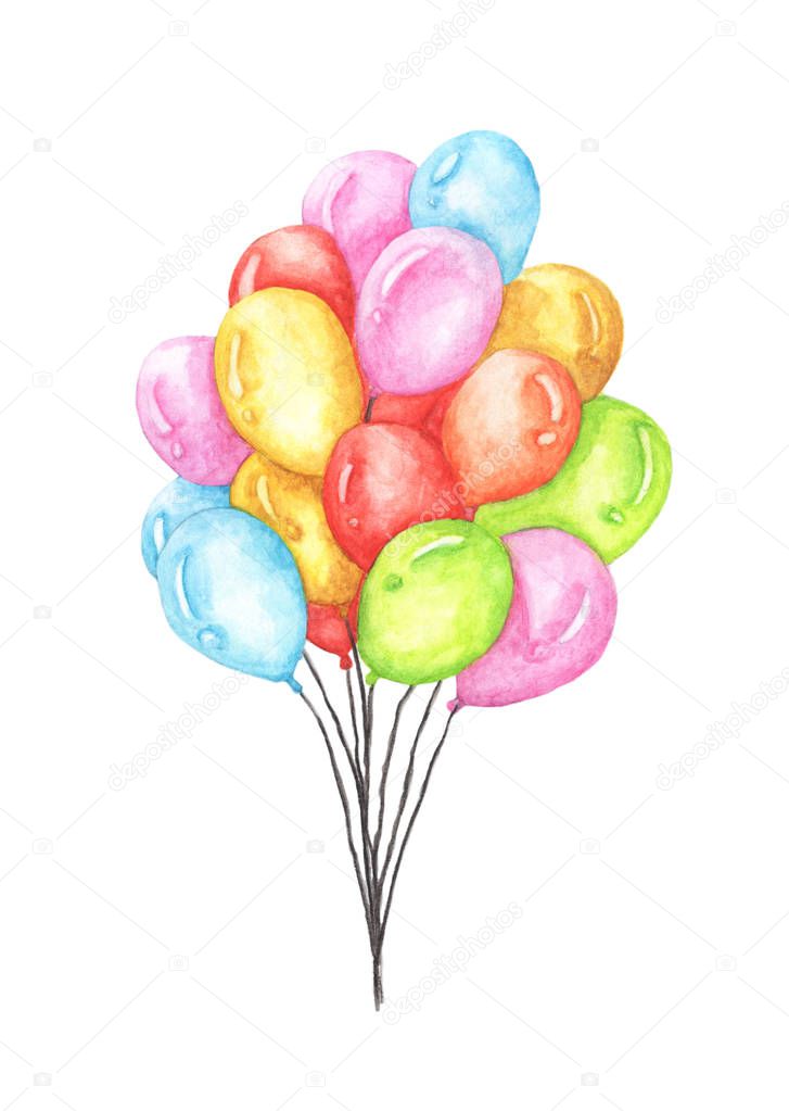 Watercolor bunch of colorful balloons isolated on white background. Greeting object art