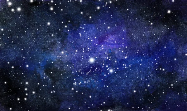 Kozmik arka plan. Renkli suluboya gökada veya gece gökyüzünde yıldızlar ile. Çizilmiş cosmos illüstrasyon el. 