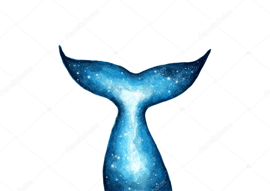 Hand painted Silhouette of whale tail, Fish tail with galaxy watercolor effect