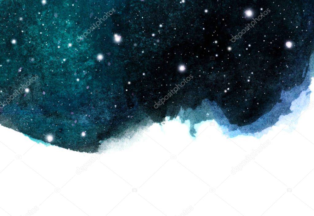 Watercolor night sky background with stars. cosmic layout with space for text. 