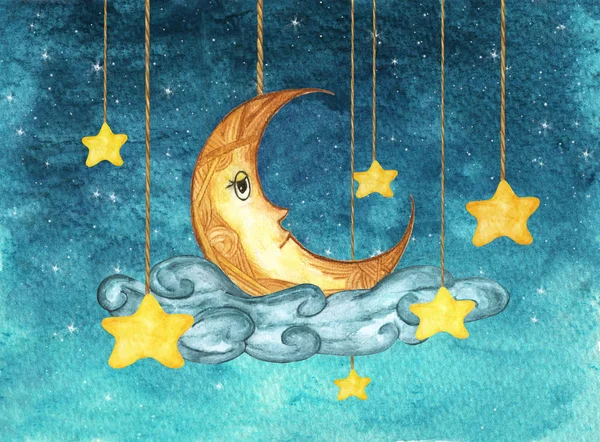 Yellow Moon Stars Hanging Strings Painted Watercolor Night Sky Background — Stock Photo, Image