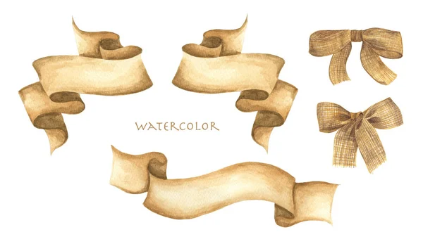 水彩リボンとバラップ弓セット テキストの手描きのストライプまたはバナー 水彩画のデザイン要素分離オブジェクト — ストック写真