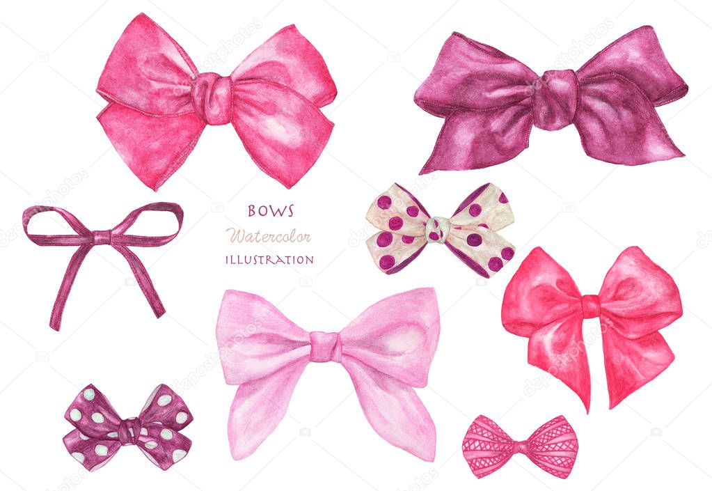 Set of different decorative pink gift bows. Hand painted isolated on a white background. Watercolor illustration.