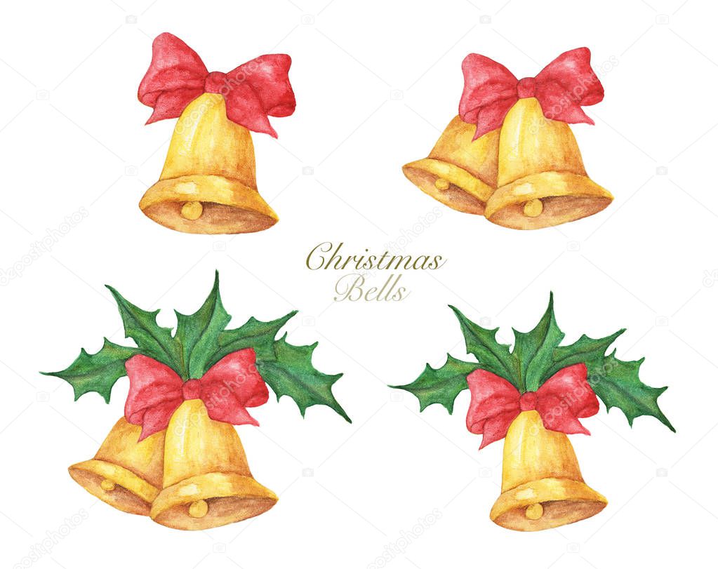 Set of gold Christmas bells with red bows and holly. Watercolor illustration painting isolated on white background.