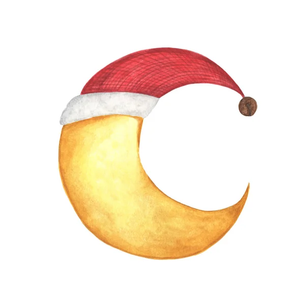 Mezza Luna Natale Con Cappello Rosso Babbo Natale Pittura Acquerello — Foto Stock