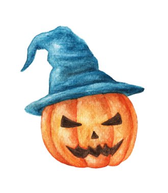 Cadı şapkası takan suluboya cadılar bayramı balkabağı. Beyaz arka planda yalıtılmış el çizilmiş tatil çizimleri.