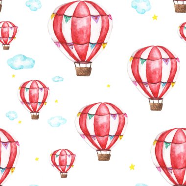 Hava balonu, bulutlar ve yıldız ile suluboya sorunsuz desen. soyut pastel.