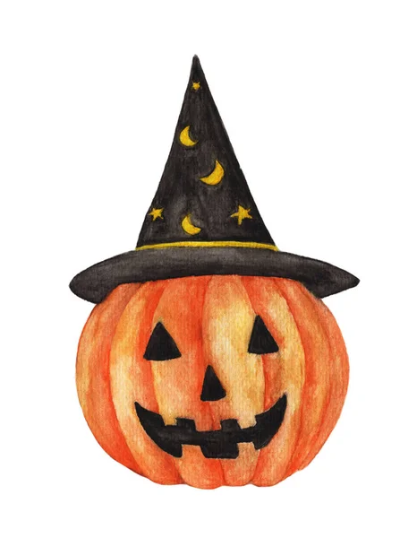 Watercolor Halloween Tök Visel Boszorkány Kalap Kézzel Rajzolt Ünnepi Illusztrációk — Stock Fotó