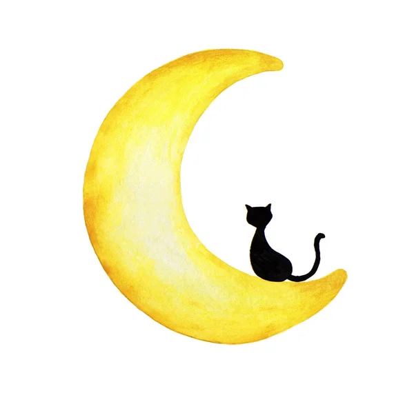 Hand Drawn Watercolor Painting Black Cat Sitting Moon — Stock Photo, Image