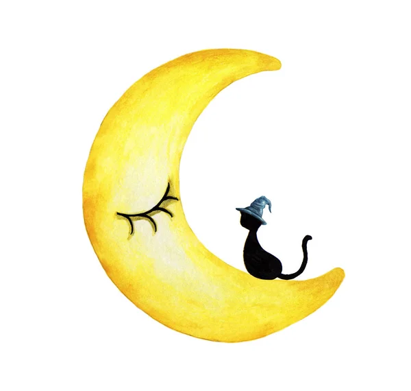 月に座る帽子をかぶった黒猫の手描き水彩画 三日月顔 — ストック写真