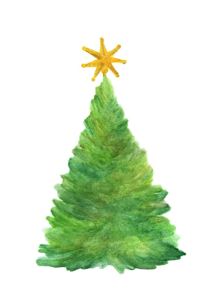 Árvore Natal Com Estrela Pintura Aquarela Isolado Sobre Fundo Branco — Fotografia de Stock