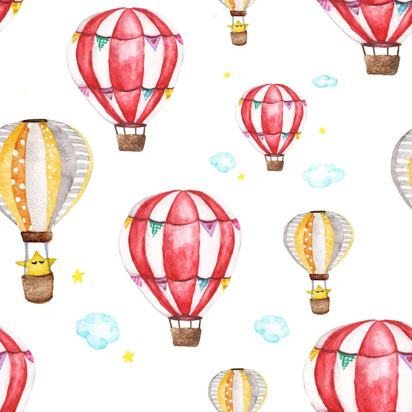 Watercolor seamless pattern with air balloon, clouds and star. abstract pastel.