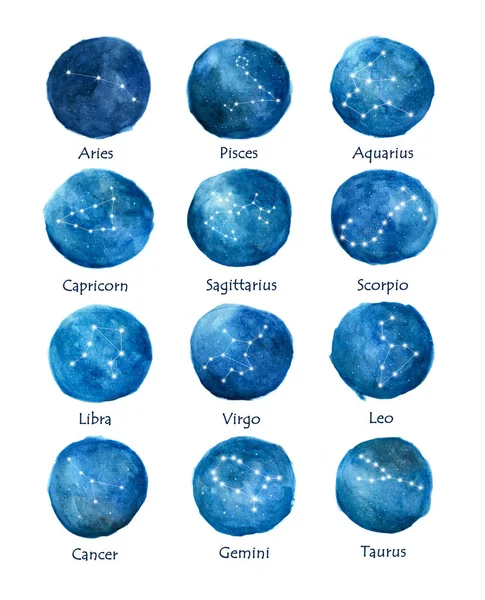 Akvarell Uppsättning Stjärntecknen Runda Zodiac Symboler Akvarell Konsistens Väduren Taurus — Stockfoto