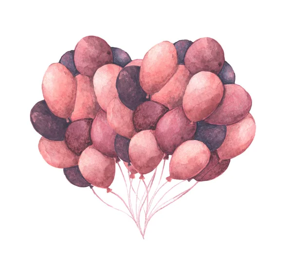 Heart shape made of Pink and purple balloons. Hand drawn pack of colorful balloons isolated on white background. Greeting object art. Watercolor illustration.