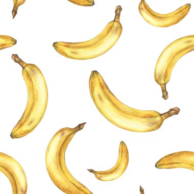Muz ile suluboya dikişsiz desen. Beyaz arka planda el boyalı tropikal meyve.