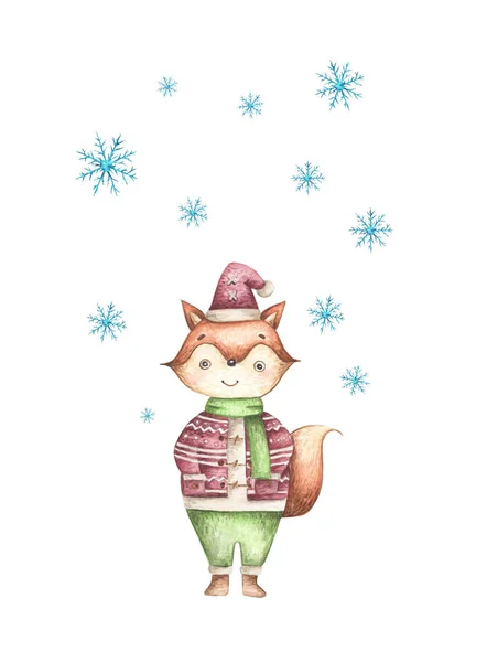Cute Christmas Fox Warm Sweater Scarf Hat Snowfall Watercolor Illustration — Stock Photo, Image