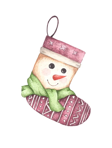 Watercolor Christmas Sock Snowman Scarf Isolated White Background — Stock Photo, Image