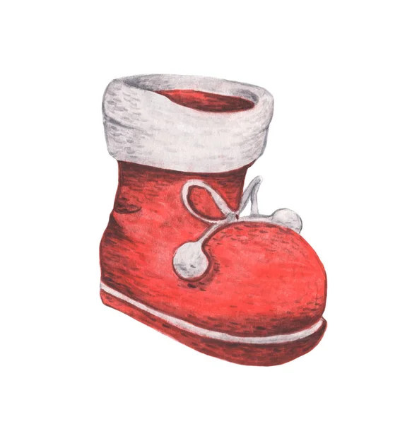 Red Santa Boot Christmas Dekor Akvarell Illustration Isolerad Vit Bakgrund — Stockfoto