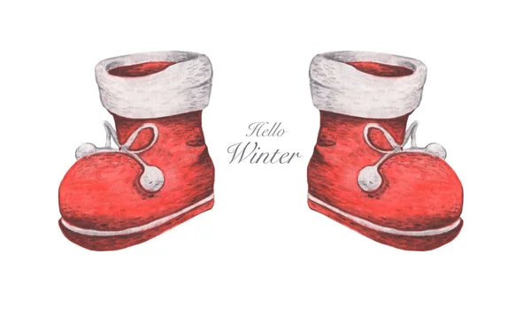 Satz Roter Stiefel Weihnachtsdekor Aquarell Illustration Isoliert Auf Weißem Hintergrund — Stockfoto
