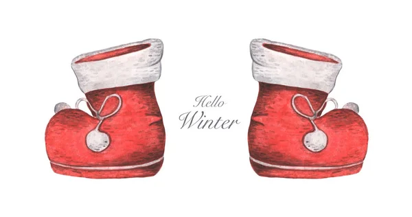 Набор Красных Ботинок Рождественский Декор Акварель Белом Фоне — стоковое фото