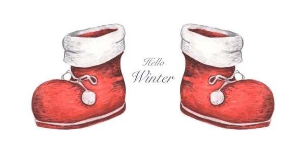Set Red Boots Christmas Decor Watercolor Illustration Isolated White Background — Stock Photo, Image