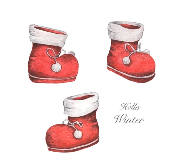 Conjunto Botas Vermelhas Decoração Natal Ilustração Aquarela Isolada Fundo Branco — Fotografia de Stock