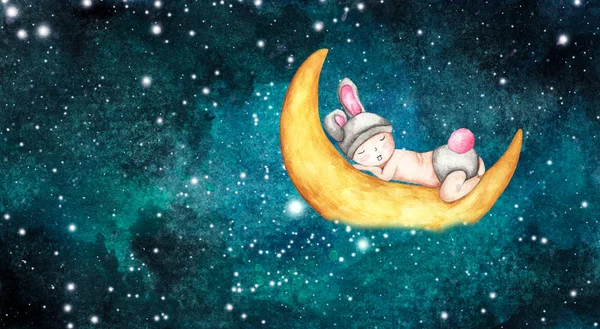 Cute little baby sleeping on the moon. Sleeping Cute Bunny. Hand Drawn and Painted. watercolor illustration.