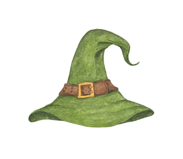 Высокая Ведьма Зеленая Шляпа Изолированы Белом Фоне Дизайн Акварель Праздником — стоковое фото