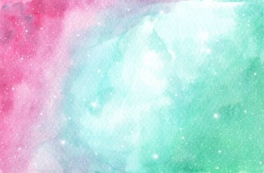 Kozmik yıldızlarla açık pembe, mavi ve yeşil düzen. Yıldızlarla suluboya galaksi gökyüzü arka plan. fantezi arka plan ve pastel renk.