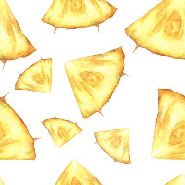 Beyaz arka plan üzerinde ananas dilimleri ile dikişsiz desen. Elle çizilmiş suluboya.