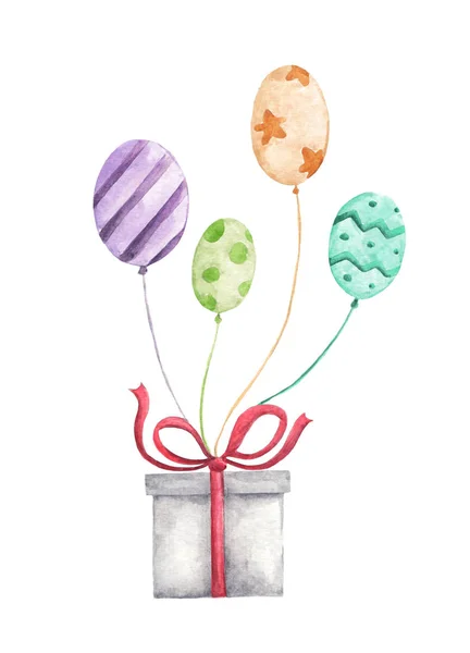 弓と空気の風船で水彩のギフト ボックス 手描きの青 ピンク 黄色 紫の風船のイラスト 誕生日プレゼントに分離の白い背景を設定します パーティーや挨拶オブジェクト ストック写真 C Derbisheva