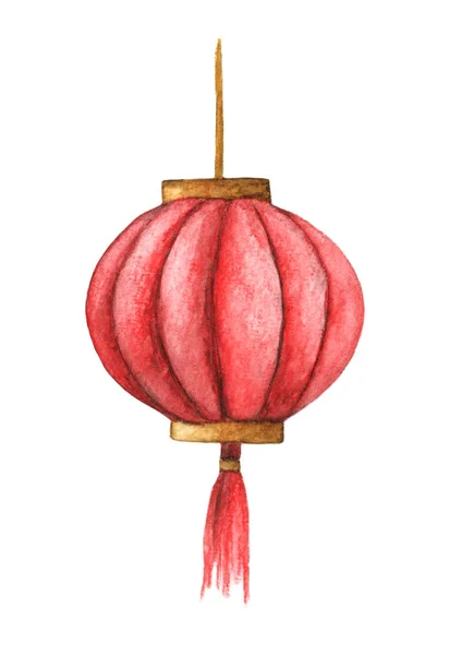 红色圆形中国纸灯笼隔离在白色背景上 水彩插图 — 图库照片