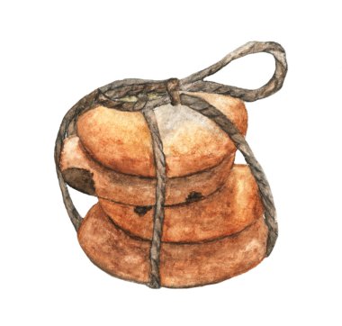 İple bağlanmış çikolatalı kurabiye yığını, beyaz arkaplanda izole edilmiş suluboya resim.. 