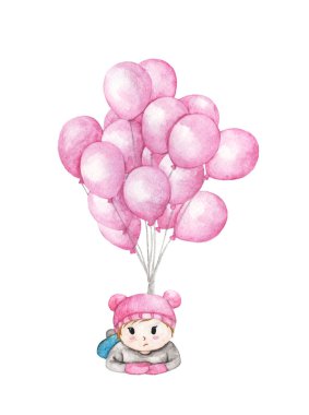 Beyaz arka planda izole edilmiş pembe balonlarla uçan çocuk. El çizimi suluboya çizimi.
