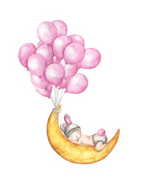 Ay 'da uyuyan sevimli küçük bebek pembe balonlarla uçuyor. Beyaz arka planda izole edilmiş Uyuyan Tatlı Tavşan. El çizimi ve boyanmış. suluboya resimleme.