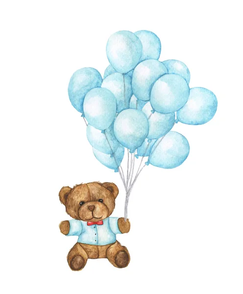 手绘泰迪熊水彩画 带蓝色气球在白色背景上飞行 — 图库照片