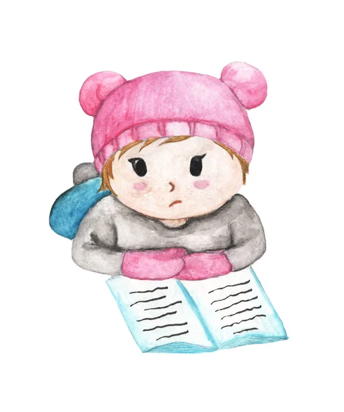 Criança Lendo Livros Isolados Sobre Fundo Branco Ilustração Aquarela Desenhada — Fotografia de Stock