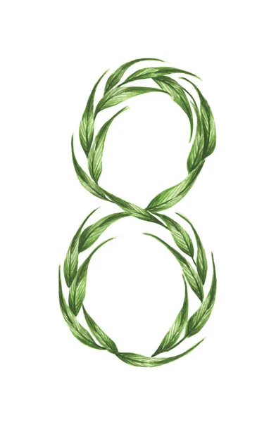 Numer Alfabet Zielonych Liści Liczby Liści Odizolowanych Białym Tle Symbol — Zdjęcie stockowe