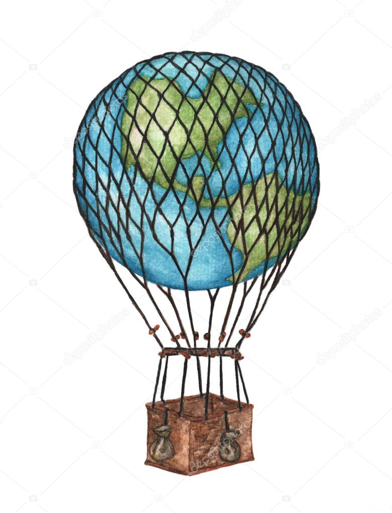 Globe hot air balloon basket on white background, Watercolor illustration. 