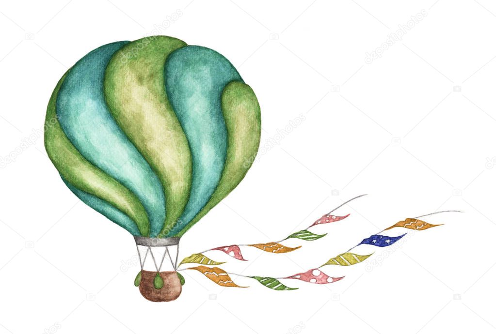 Green hot air balloon with flags garlands on white background. Watercolor illustration.