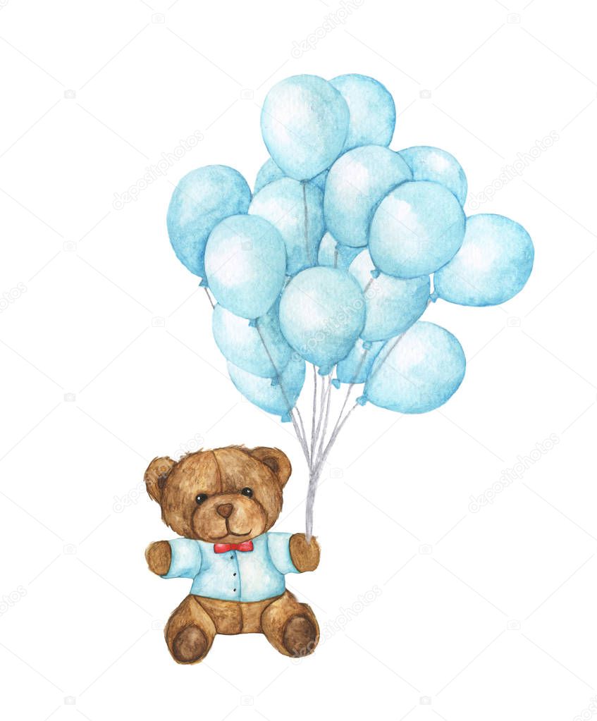 Hand drawn watercolor of teddy bear flying with blue balloons on white background.
