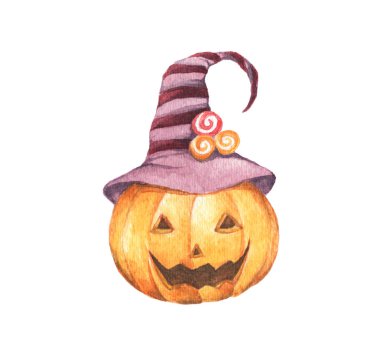 Cadılar Bayramı balkabağı cadı şapkası takıyor. Beyaz arka planda izole edilmiş, sizin için tasarım. Suluboya illüstrasyon. Mutlu cadılar bayramı günü.