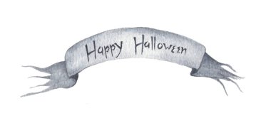 Beyaz arka planda izole edilmiş Cadılar Bayramı kurdelesi. Siyah dalgalı bayrak ya da afiş. Tasarım elementi. Cadılar Bayramı için güzel çizimler. Suluboya cadılar bayramı koleksiyonu. Mutlu Cadılar Bayramı.