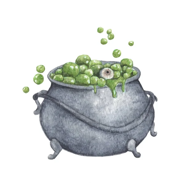 Hexenkessel Mit Grünem Gift Und Augäpfeln Isoliert Auf Weißem Hintergrund — Stockfoto