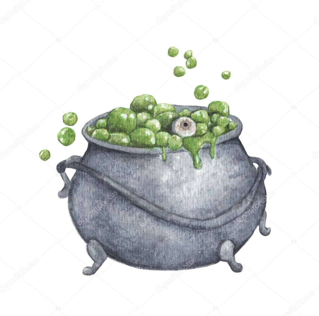 Cauldron witch pot with green poison and eyeballs. Isolated on white background. Watercolor painting illustration for Halloween.