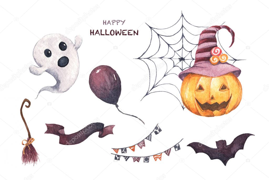 Watercolor Halloween set. Holiday illustration for design. In the picture: pumpkin, spider web, broom, air balloon, bat, little ghost.