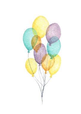 Suluboya hava balonları. Beyaz arka planda el çizimi parti renkli balonlar. Karşılama nesnesi sanatı.