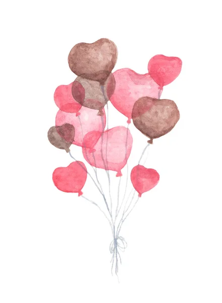 Pintura Aquarela Bunch Balões Forma Coração Pacote Festa Balões Vermelhos — Fotografia de Stock